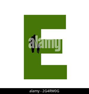 Letter E of the alphabet made with silhouette of a mother and child walking, in green and black Stock Photo