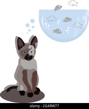 Cartoon character. Cute Siamese kitten dreaming about fish. Baby animal vector illustration. Kitten and fish on white background. Stock Vector