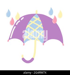 Purple umbrella with raindrops in cartoon flat style isolated on white background. Isolated icon. Decoration illustration. For children's design. Stock Vector