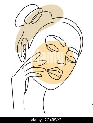 Woman face with hand, vector line art. Abstract image of a girl with simple lines, front. Continuous line minimalistic style portrait. Hand drawing. Stock Vector