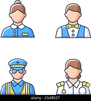 Cruise staff RGB color icons set Stock Vector