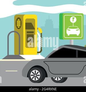 electric car signpost station Stock Vector