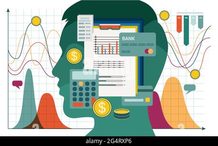 Vector abstract illustration, head of person thinking about budget, money. Cover Background for web page with payment schedules, bank cards, checks an Stock Photo