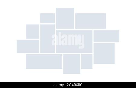 Creative vector Template Collage consisting of 12 frames for a photo of a square and rectangular shape. Stock Vector