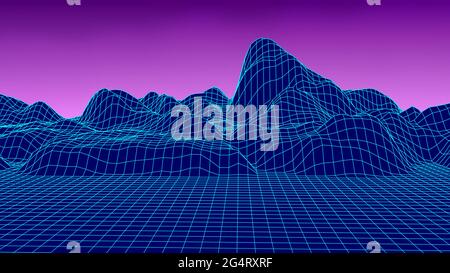 Abstract wireframe landscape 1980s style. Retro futuristic vector grid. Technology neon background with mountains. Stock Vector