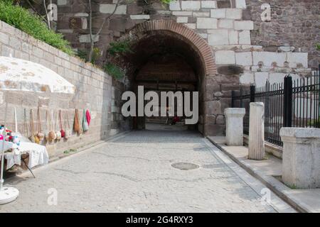 Small, narrow and arched castle gate of Ankara castle From inside. Stock Photo