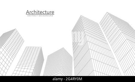 Modern architecture grid background. Wireframe perspective buildings on white background. Vector illustration. Stock Vector