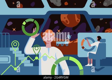 Science fiction people in planet colonization mission space station. Spaceship main bridge interior with crew members scientists astronauts. Future interstellar exploration colonizers eps illustration Stock Vector