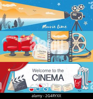 three banners cinema on the blue background with summer movie Stock Vector