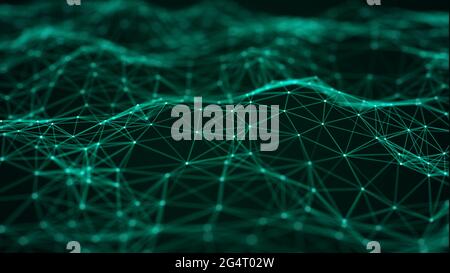 Digital dynamic wave of particles. Abstract futuristic dots background. Big data visualization. 3D rendering. Stock Photo