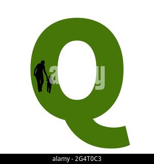 letter Q of the alphabet made with silhouette of a mother and child walking, in green and black Stock Photo
