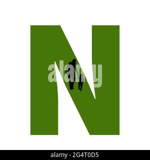 letter N of the alphabet made with silhouette of a mother and child walking, in green and black Stock Photo