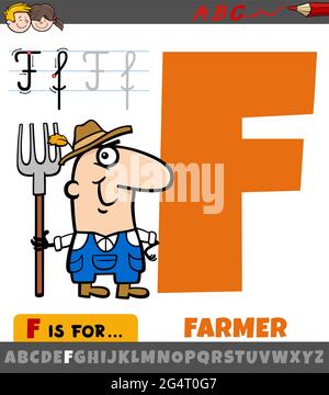 Educational cartoon illustration of letter F from alphabet with farmer character Stock Vector