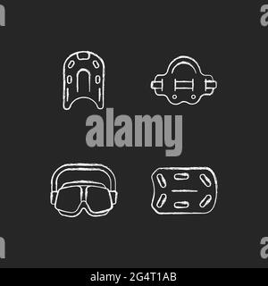 Swimming pool supplies chalk white icons set on dark background Stock Vector