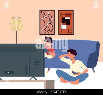 father and son playing video games Stock Vector