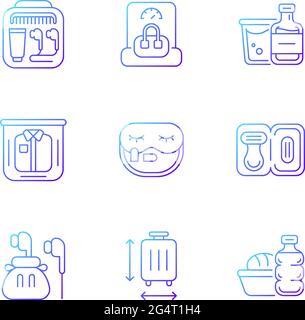 Essential tourist pack for travel gradient linear vector icons set Stock Vector