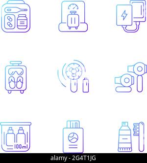 Airplane passenger travelling things gradient linear vector icons set Stock Vector