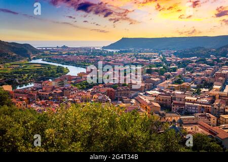 Beautiful view of Bosa town, Sardinia island, Italy. Travel destination. Bosa town with Ponte Vecchio bridge across the Temo river. Marvelous morning Stock Photo