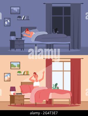 Happy sleep and awakening, young characters sleep at night and wake up in morning Stock Vector