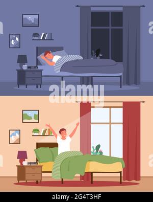 Young man sleeping, awakening in home bedroom, guy lying in bed near bedside table Stock Vector