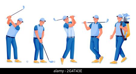 Young male playing golf, vector flat cartoon character illustration isolated on white background. Golfer with golf club, ball and bag. Hobby and outdo Stock Vector