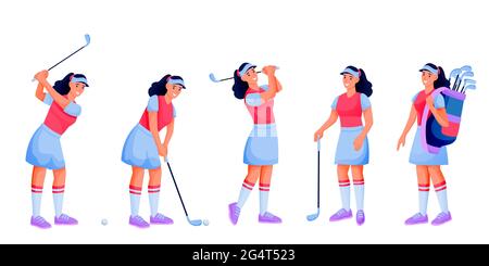 Young female playing golf, vector flat cartoon character illustration isolated on white background. Golfer woman with golf club, ball and bag. Hobby a Stock Vector