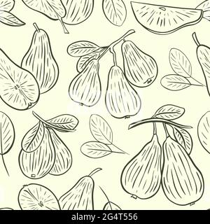 Pear sketch seamless pattern, vector. Wallpaper whole pear, on a branch, half and leaves. Background with fruits hand drawing. Stock Vector