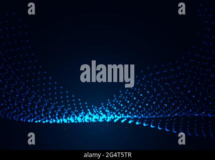 Blue wavy particle Surface on black background. Abstract technology or science banner. Cyber space background. Stock Vector
