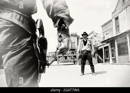Cowboy, cowboys duel at Texas Hollywood/Fort Bravo western-styled theme park.  Almeria. Spain Stock Photo