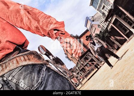 Cowboy, cowboys duel at Texas Hollywood/Fort Bravo western-styled theme park.  Almeria. Spain Stock Photo