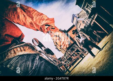 Cowboy, cowboys duel, gunfight at Texas Hollywood/Fort Bravo western-styled theme park.  Almeria. Spain Stock Photo