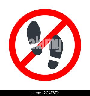 Shoes not allowed, step forbidden sign with man in shoes prints icon on white background Stock Vector