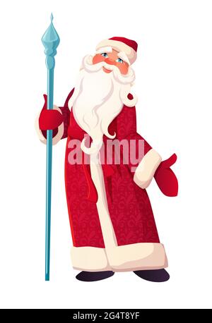 Russian Father Frost with stick in red clothes. Christmas character Santa Claus or Ded Moroz. Cartoon vector illustration art. Stock Vector