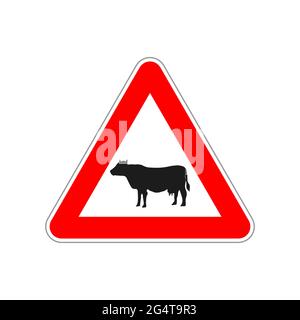 Cow icon on the triangle red and white road sign on white Stock Vector
