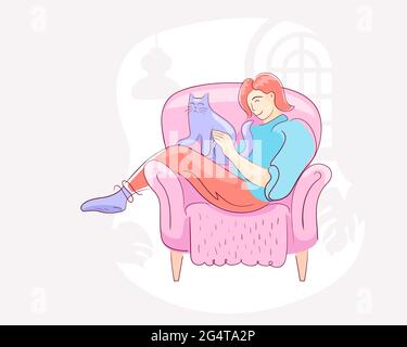 girl with a cat on the couch Stock Vector