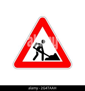 Man at work icon on the triangle red and white road sign on white Stock Vector