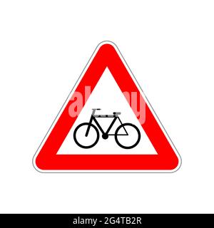 Bicycle icon on the triangle red and white road sign on white Stock Vector