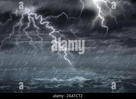 Grey clouds with lightning. Drawing of rain or - Stock