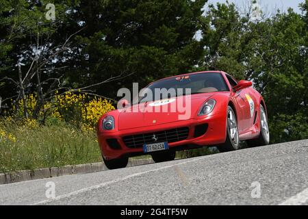 Panzano in Chianti, Italy 18 june 2021: unknown drives a Ferrari 599 GTB Fiorano 2007 during Ferrari Tribute Mille Miglia 2021. Italy Stock Photo