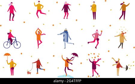 People in the autumn park having fun, walking the dog, riding bicycle, jumping on puddle, playing with autumn leaves, man with umbrella and bulldog Stock Vector