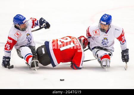 L-R Para ice-hockey players Czech Jiri Raul, Evgeny Petrov of Russia and Vaclav Hecko of Czech Republic in action, during the World Championships Para Ice Hockey match Czech Republic vs. Russia in Ostrava, June 23, 2021. (CTK Photo/Vladimir Prycek) Stock Photo