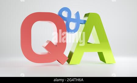 Q and A red, white, and green letters on white background, Q&A concept, frequently asked questions 3D rendering. Stock Photo