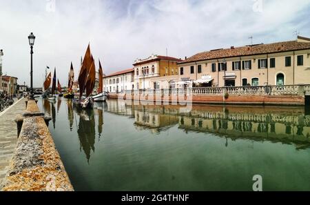 Cesenatico - Italy - june, 2021: Boats on Leonardesque Canal Port Stock Photo