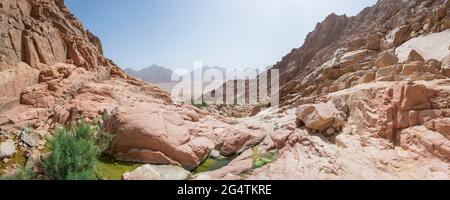 Panoramic view over freshwater pool in desert mountain canyon overlooking dry wadi river valley
