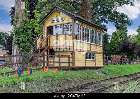 An old signal box from Oakington, Cambridgeshire, at the Bressingham Steam museum and gardens located at Bressingham, Diss, Norfolk, England, UK Stock Photo