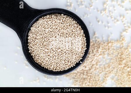 Quick rise yeast in a measuring spoon. Close up of small granular or milled particles of instant yeast for breads and baking. Selective focus with def Stock Photo