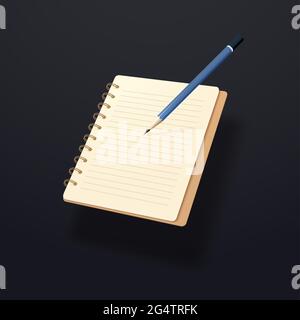 Blue pencil and yellow notepad isolated on dark background. Vector illustration. Stock Vector