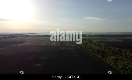 Fields in early spring summer morning from great height. Stock Photo