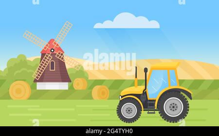 Farm tractor in summer village landscape vector illustration. Cartoon countryside scene with mills and haystacks, cultivated wheat fields on hills, agriculture tractor machine harvesting background Stock Vector