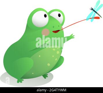 Cute Little Frog Catching Dragonfly with Tongue Stock Vector